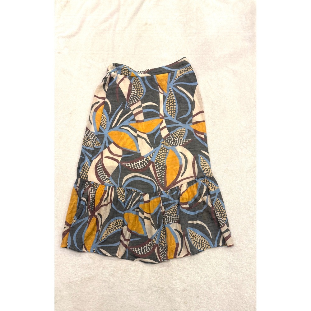 Mlle Gabrielle Women Abstract Floral Print Midi Skirt Tiered Ruffle Hem Blue M